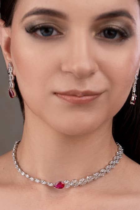 Anana Red Crystals, Gemstones Ruby Silver Plated Choker And Earrings Set 