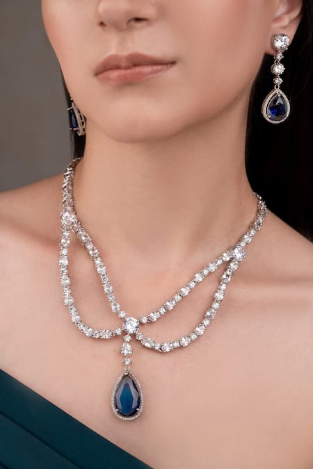 Shop Anana Blue Crystals, Gemstones Royal Silver Plated Jewelry Set at Aza Fashions Shop_Anana_Blue Crystals, Gemstones Royal Silver Plated Jewelry Set _at_Aza_Fashions