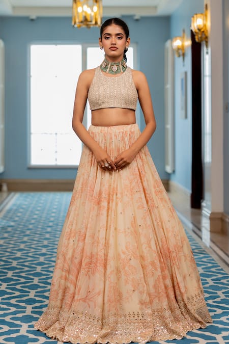 Paulmi And Harsh_Gold Chinon, Organza Embroidery, Sequins Round Neck Blouse Lehenga Set _Online_at_Aza_Fashions