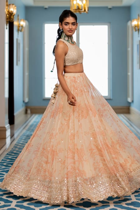 Buy_Paulmi And Harsh_Gold Chinon, Organza Embroidery, Sequins Round Neck Blouse Lehenga Set _Online_at_Aza_Fashions