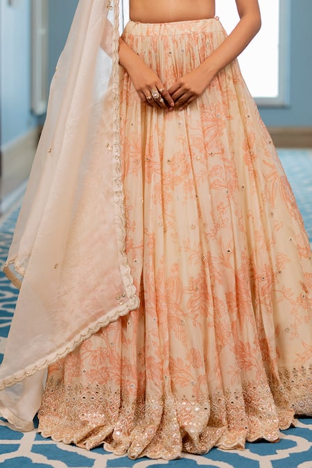 Paulmi And Harsh_Gold Chinon, Organza Embroidery, Sequins Round Neck Blouse Lehenga Set _at_Aza_Fashions