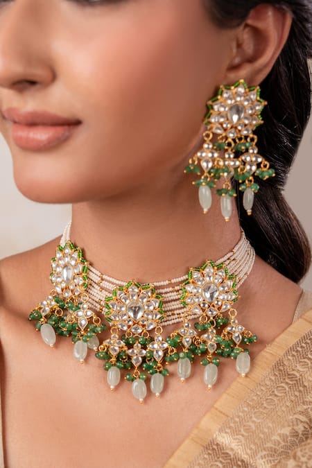 Anana Green Gemstones Gold Plated Choker Necklace And Earrings