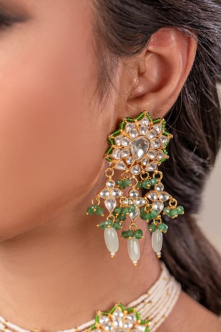 Shop Anana Green Imitation Gemstones Gold Plated Choker Necklace And Earrings at Aza Fashions Shop_Anana_Green Imitation Gemstones Gold Plated Choker Necklace And Earrings _at_Aza_Fashions