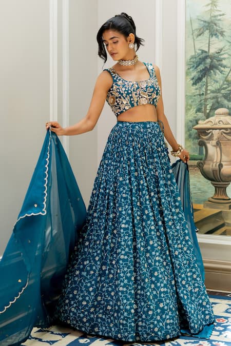 Paulmi And Harsh_Blue Silk, Organza Embroidery, Tassels, Sequins Round Neck Designer Lehenga Set _at_Aza_Fashions