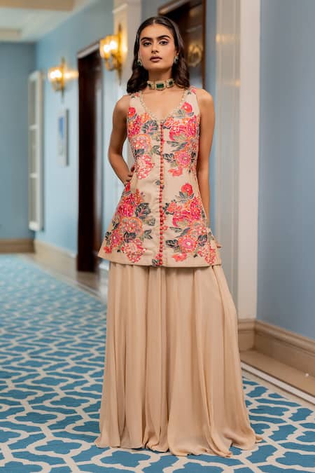 Paulmi And Harsh Pink Georgette Embroidery Round Neck Designer Floral Kurta And Palazzo