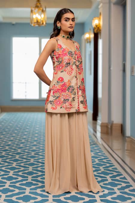 Buy Paulmi And Harsh Pink Georgette Embroidery Round Neck Designer Floral Kurta And Palazzo Buy_Paulmi And Harsh_Pink Georgette Embroidery Round Neck Designer Floral Kurta And Palazzo