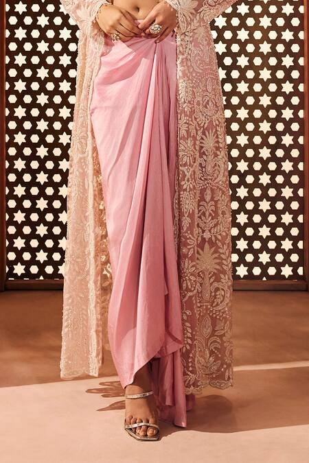 Shop_Aneesh Agarwaal_Pink Net, Silk, Crepe Embroidery Open Neck, Sweetheart Jacket And Draped Skirt Set _Online_at_Aza_Fashions