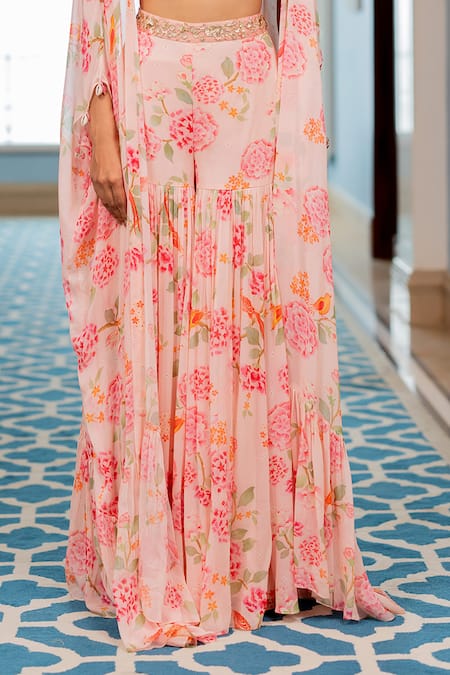 Paulmi And Harsh Pink Georgette, Shantoon Sequins, Embroidery Floral Printed Jacket Sharara Set Online at Aza Fashions Paulmi And Harsh_Pink Georgette, Shantoon Sequins, Embroidery Floral Printed Jacket Sharara Set _Online_at_Aza_Fashions