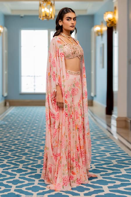 Shop Paulmi And Harsh Pink Georgette, Shantoon Sequins, Embroidery Floral Printed Jacket Sharara Set Online at Aza Fashions Shop_Paulmi And Harsh_Pink Georgette, Shantoon Sequins, Embroidery Floral Printed Jacket Sharara Set _Online_at_Aza_Fashions