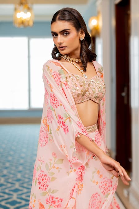 Paulmi And Harsh Pink Georgette, Shantoon Sequins, Embroidery Floral Printed Jacket Sharara Set at Aza Fashions Paulmi And Harsh_Pink Georgette, Shantoon Sequins, Embroidery Floral Printed Jacket Sharara Set _at_Aza_Fashions