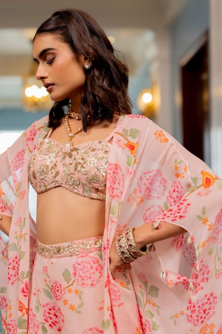 Buy Paulmi And Harsh Pink Georgette, Shantoon Sequins, Embroidery Floral Printed Jacket Sharara Set Buy_Paulmi And Harsh_Pink Georgette, Shantoon Sequins, Embroidery Floral Printed Jacket Sharara Set