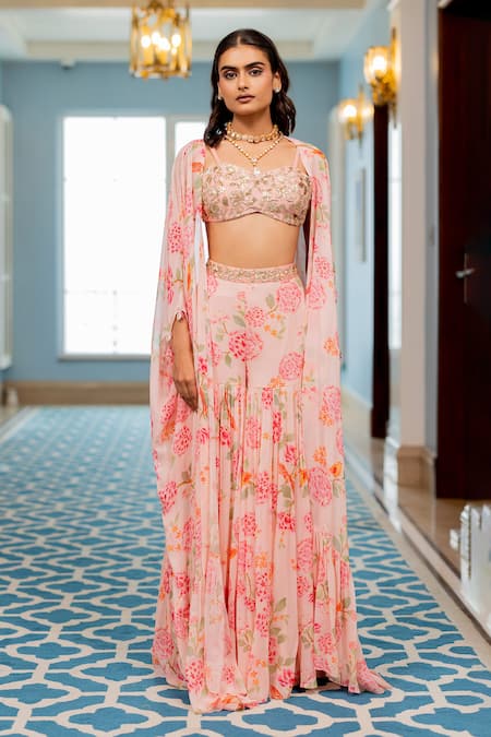 Paulmi And Harsh Pink Georgette, Shantoon Sequins, Embroidery Floral Printed Jacket Sharara Set