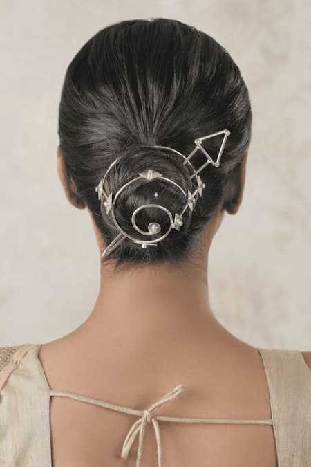 Anana_Silver Designer Hair Bun With Stick _Online_at_Aza_Fashions