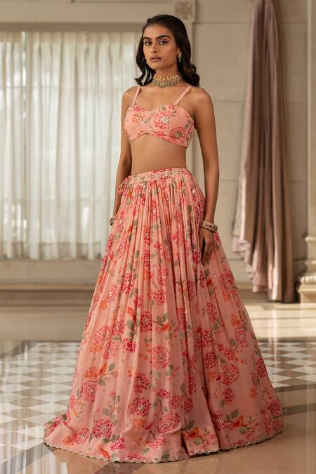 Paulmi And Harsh_Pink Georgette, Organza Sequins Round Neck Floral Lehenga Set _Online_at_Aza_Fashions