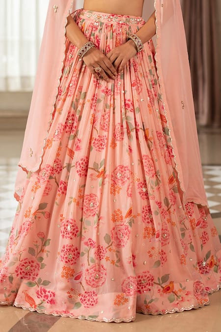 Shop_Paulmi And Harsh_Pink Georgette, Organza Sequins Round Neck Floral Lehenga Set _Online_at_Aza_Fashions