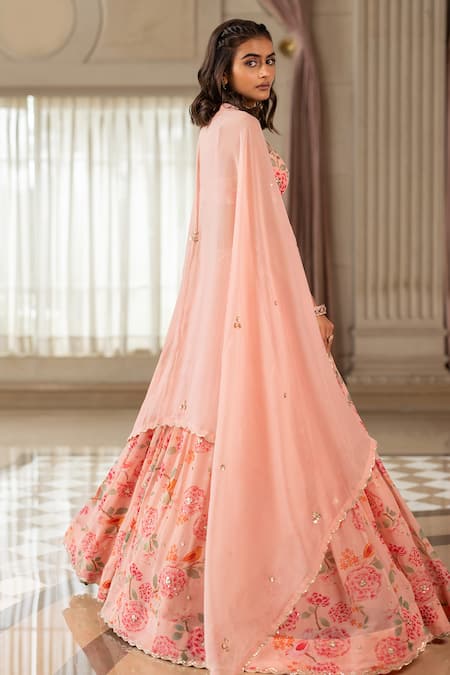 Paulmi And Harsh_Pink Georgette, Organza Sequins Round Neck Floral Lehenga Set _at_Aza_Fashions