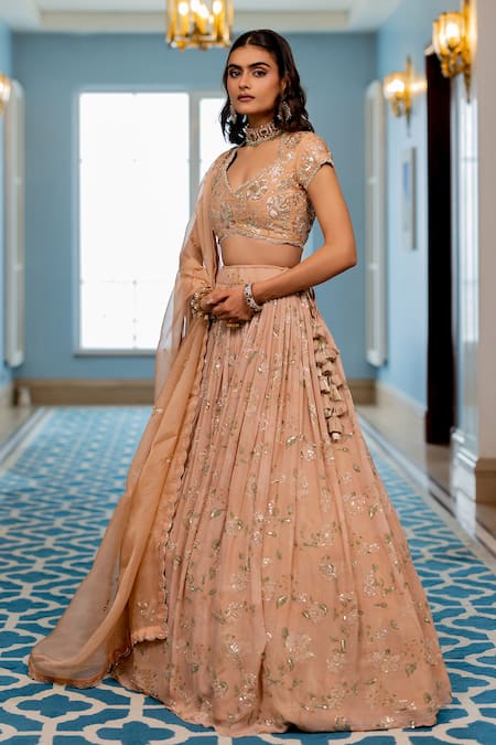 Paulmi And Harsh Pink Georgette, Organza Sequins, Embroidery Round Neck Old Rose Lehenga Set 