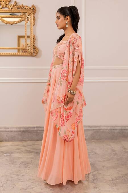 Paulmi And Harsh Pink Georgette Embroidery, Sequins Round Neck Floral Jacket Set at Aza Fashions Paulmi And Harsh_Pink Georgette Embroidery, Sequins Round Neck Floral Jacket Set _at_Aza_Fashions