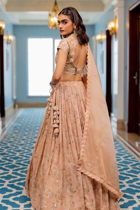 Buy Paulmi And Harsh Pink Georgette, Organza Sequins, Embroidery Round Neck Old Rose Lehenga Set Buy_Paulmi And Harsh_Pink Georgette, Organza Sequins, Embroidery Round Neck Old Rose Lehenga Set