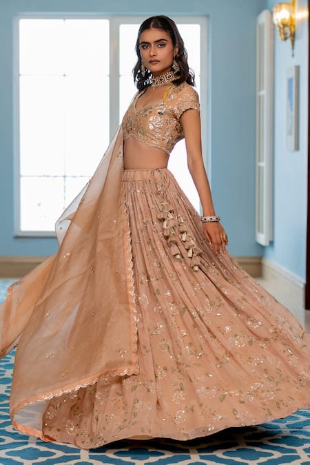 Shop Paulmi And Harsh Pink Georgette, Organza Sequins, Embroidery Round Neck Old Rose Lehenga Set Shop_Paulmi And Harsh_Pink Georgette, Organza Sequins, Embroidery Round Neck Old Rose Lehenga Set