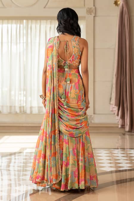 Paulmi And Harsh Designer Multi Printed Pre-draped Saree Set 