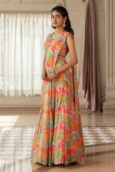 Paulmi And Harsh_Pink Georgette Beads, Sequins Round Designer Multi Printed Pre-draped Saree Set _at_Aza_Fashions