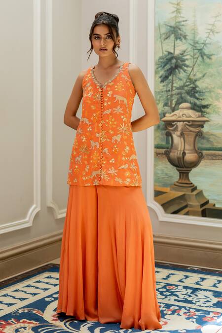 Buy Paulmi And Harsh Orange Georgette Embroidery Round Neck Designer Kurta And Palazzo Set Buy_Paulmi And Harsh_Orange Georgette Embroidery Round Neck Designer Kurta And Palazzo Set