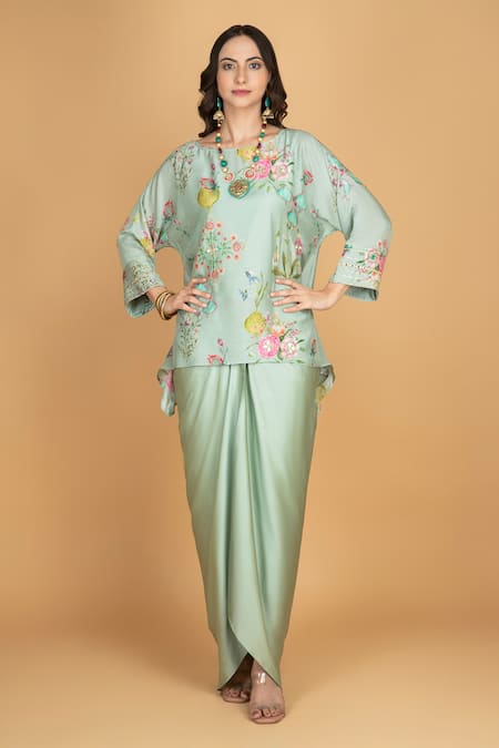 Tanu Malhotra Green Cotton, Silk, Modal Embroidery Round Floral Print Top And Draped Skirt 