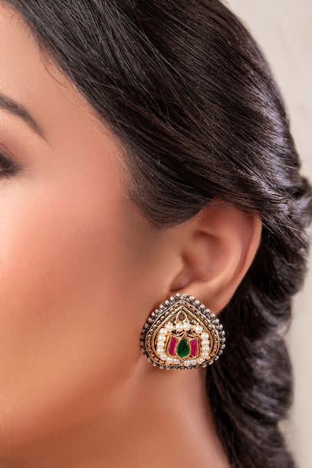 Anana Ruby Red Two Tone Designer Earrings 