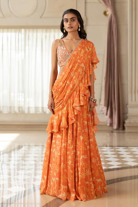 Paulmi And Harsh Orange Georgette Embroidery V-neck Pre-draped Saree Set