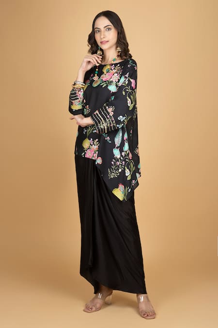 Tanu Malhotra_Black Cotton, Silk, Modal Embroidery Round Neck Floral Print Top And Skirt _Online_at_Aza_Fashions
