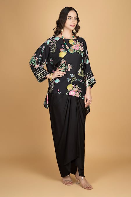 Buy_Tanu Malhotra_Black Cotton, Silk, Modal Embroidery Round Neck Floral Print Top And Skirt _Online_at_Aza_Fashions