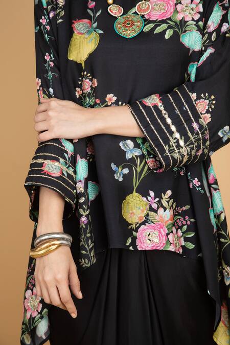 Shop_Tanu Malhotra_Black Cotton, Silk, Modal Embroidery Round Neck Floral Print Top And Skirt _Online_at_Aza_Fashions