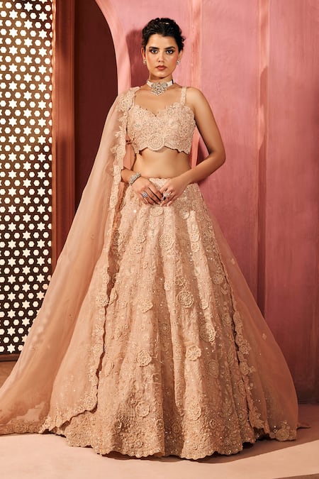 Aneesh Agarwaal Peach Silk Organza Lehenga Set 