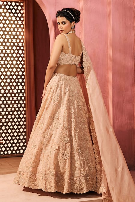 Aneesh Agarwaal Peach Silk Organza Lehenga Set 