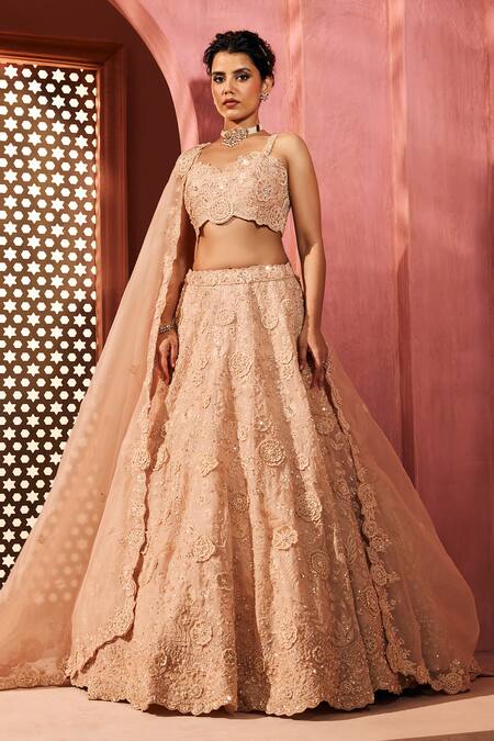 Aneesh Agarwaal_Peach Silk Organza Embroidery Sweetheart Neck Lehenga Set _Online_at_Aza_Fashions