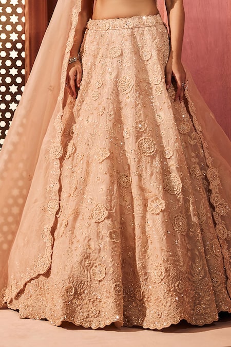 Buy_Aneesh Agarwaal_Peach Silk Organza Embroidery Sweetheart Neck Lehenga Set _Online_at_Aza_Fashions