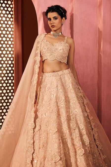 Shop_Aneesh Agarwaal_Peach Silk Organza Embroidery Sweetheart Neck Lehenga Set _Online_at_Aza_Fashions