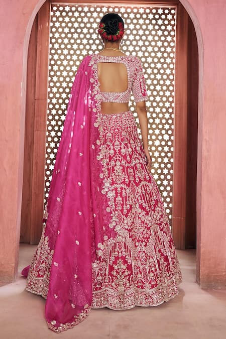 Aneesh Agarwaal Fuschia Silk Organza Lehenga Set 
