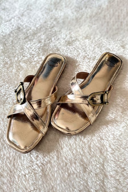 Modanta Footwear Gold Cross Strap Buckle Flats 