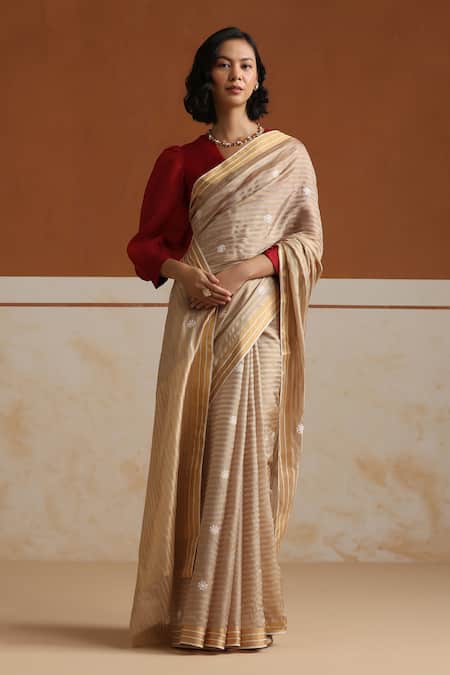 Weaver Story Gray Chanderi Embroidery Dusty Grey Saree With Running Blouse