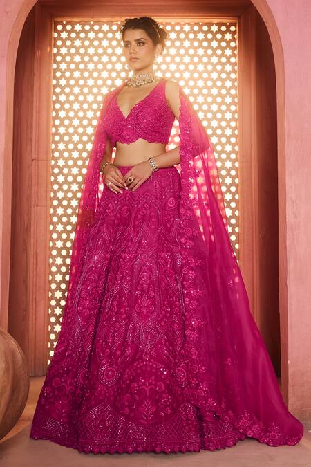 Aneesh Agarwaal_Pink Silk Organza Embroidery, Sequins Scoop Neck Very Berry Lehenga Set _Online_at_Aza_Fashions