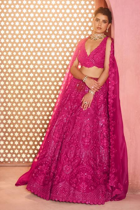 Buy_Aneesh Agarwaal_Pink Silk Organza Embroidery, Sequins Scoop Neck Very Berry Lehenga Set _Online_at_Aza_Fashions