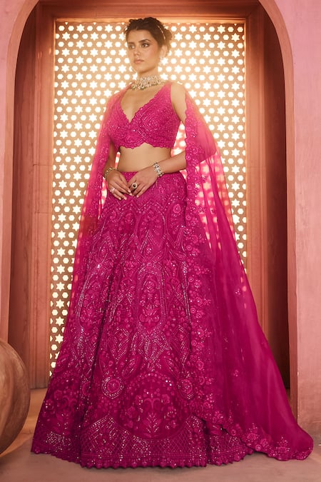 Shop_Aneesh Agarwaal_Pink Silk Organza Embroidery, Sequins Scoop Neck Very Berry Lehenga Set _Online_at_Aza_Fashions