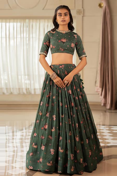 Buy_Paulmi And Harsh_Green Organza Round Neck Floral Print Lehenga Set 