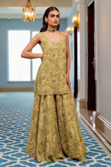 Paulmi And Harsh Floral Printed Georgette Kurta Sharara Set 