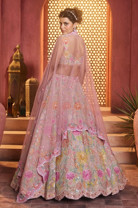 Aneesh Agarwaal Floral Embroidered Silk Organza Lehenga Set 