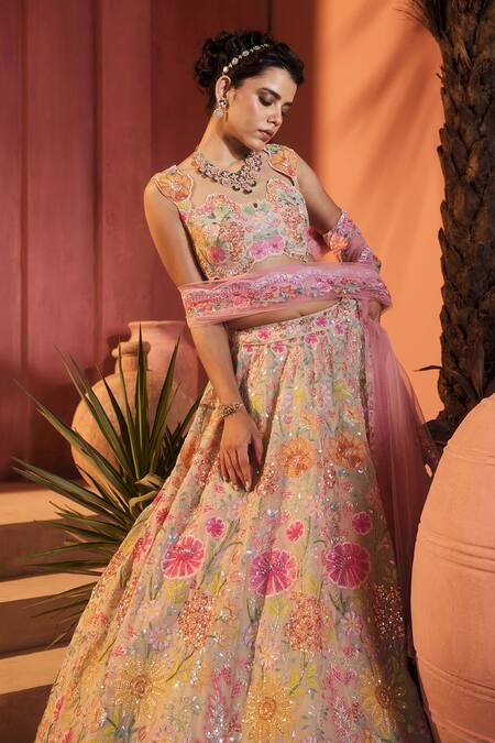 Buy_Aneesh Agarwaal_Cream Silk Organza, Net Sequins, Embroidery, Beads Floral Lehenga Set _Online_at_Aza_Fashions