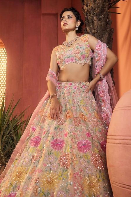 Shop_Aneesh Agarwaal_Cream Silk Organza, Net Sequins, Embroidery, Beads Floral Lehenga Set _Online_at_Aza_Fashions