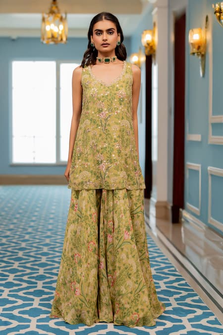 Buy Paulmi And Harsh Green Georgette, Shantoon Embroidery V-neck Floral Printed Kurta Sharara Set Online at Aza Fashions Buy_Paulmi And Harsh_Green Georgette, Shantoon Embroidery V-neck Floral Printed Kurta Sharara Set _Online_at_Aza_Fashions